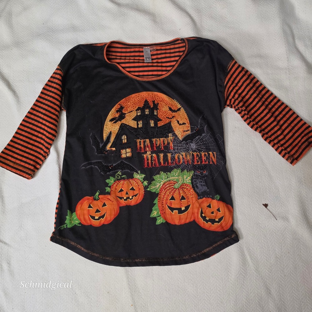Thomas & Olivia Happy Halloween Rhinestone Pumpkin Striped Top Medium